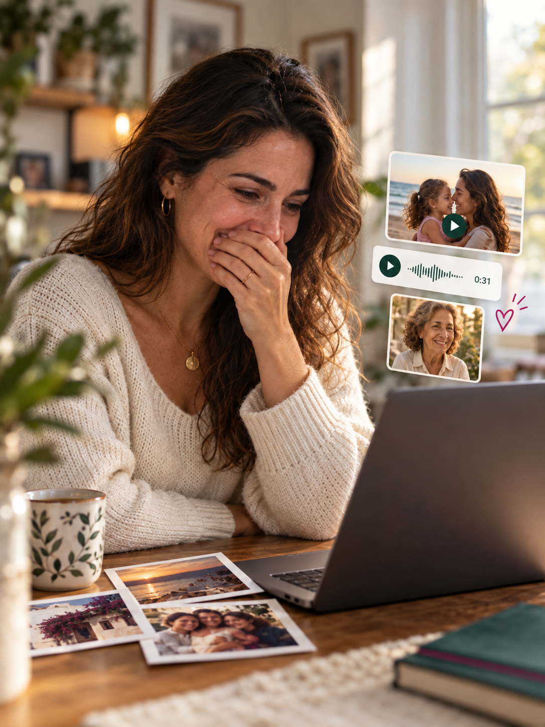 A woman looks touched and happy while opening her Memories gift on her laptop.